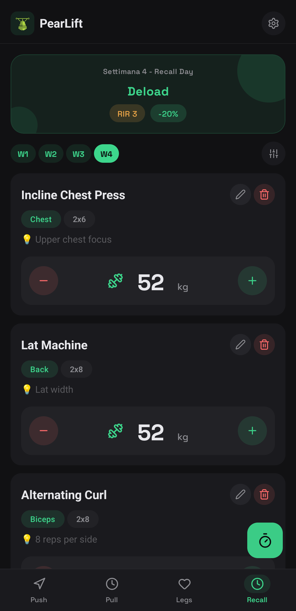 PearLift workout screen showing current exercises and rest timer controls