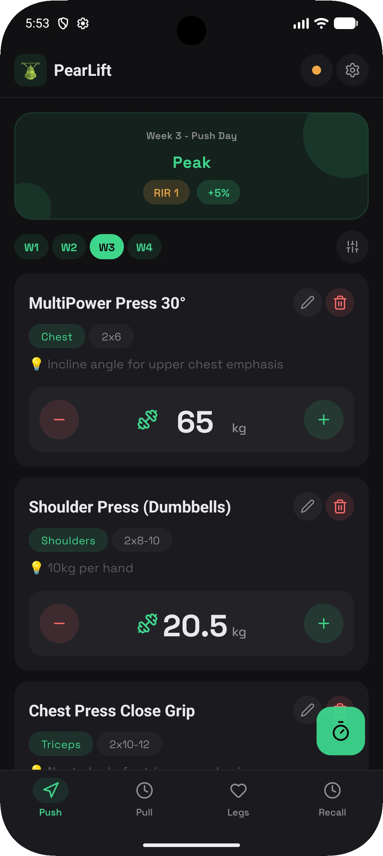PearLift workout screen showing current exercises and rest timer controls
