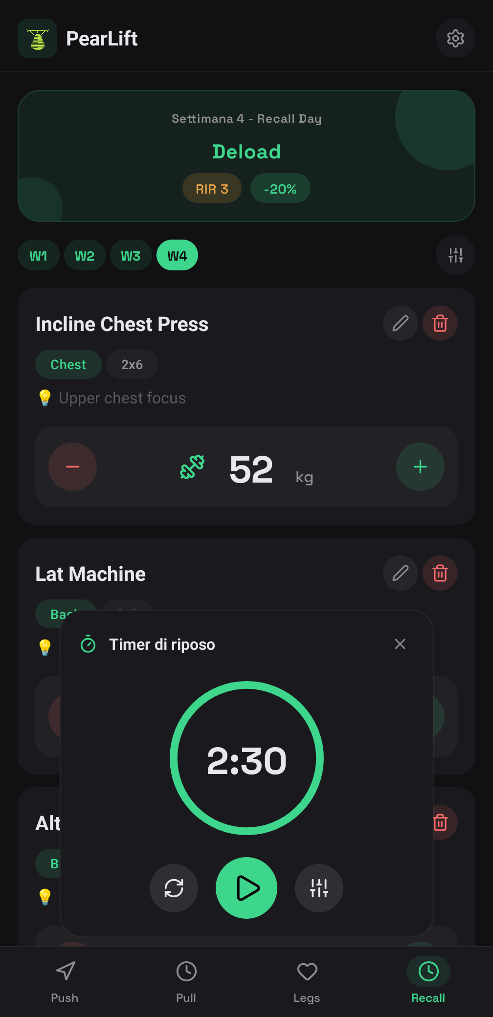 PearLift program screen with workout structure and session organization