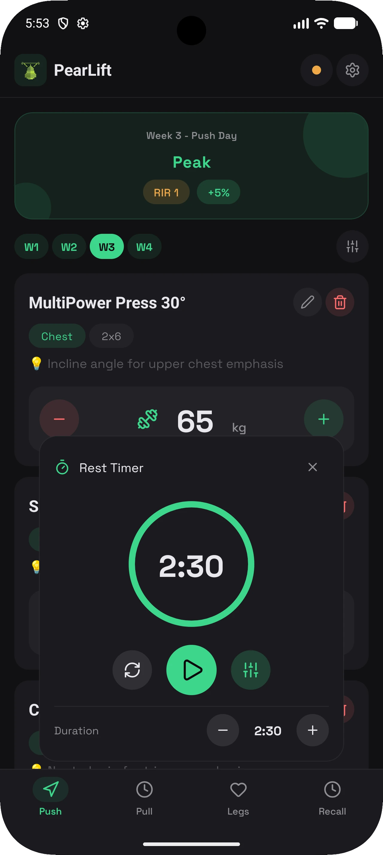 PearLift program screen with workout structure and session organization