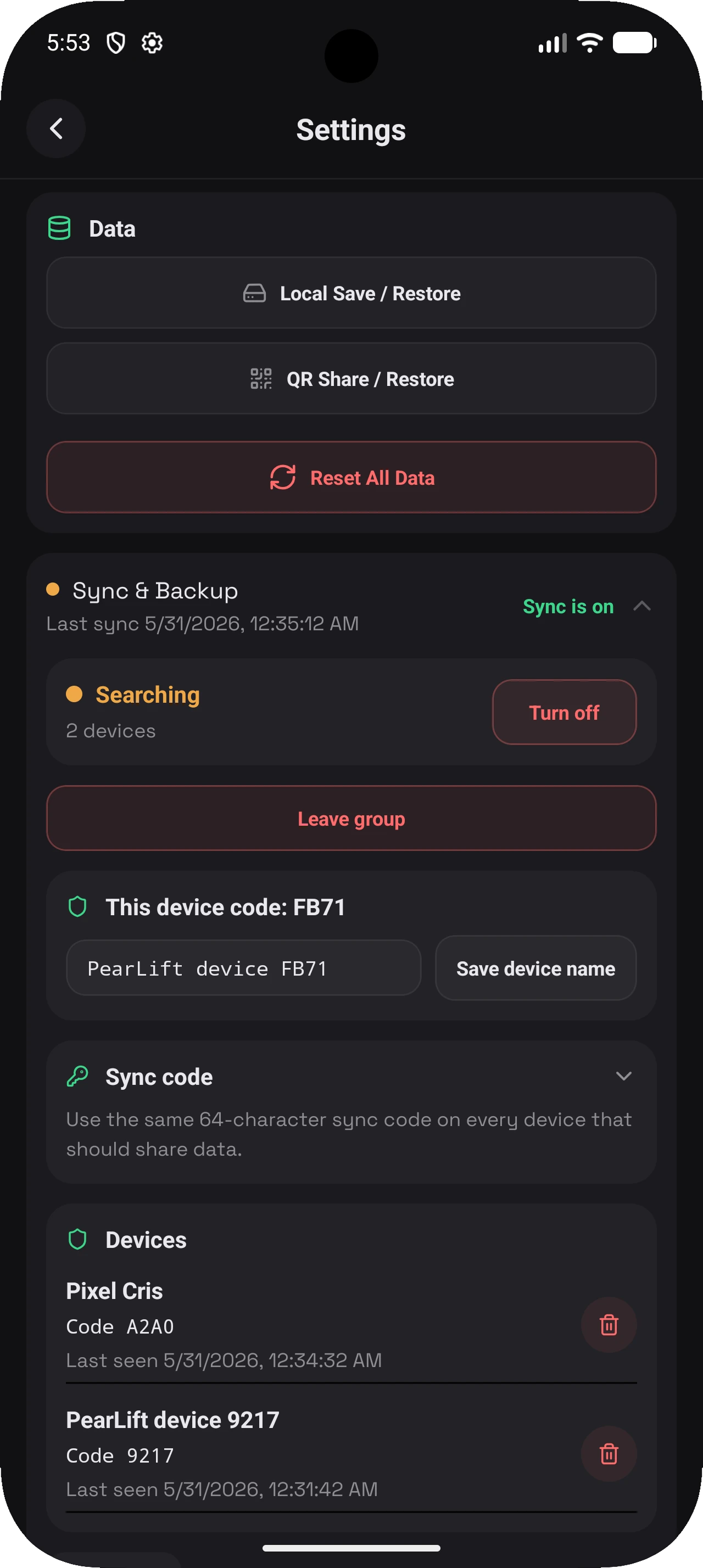 PearLift device sync screen showing peer-to-peer connection state